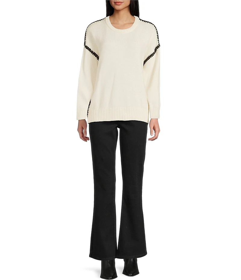 Blu Pepper Contrast Stitch Round Neck Long Sleeve Sweater