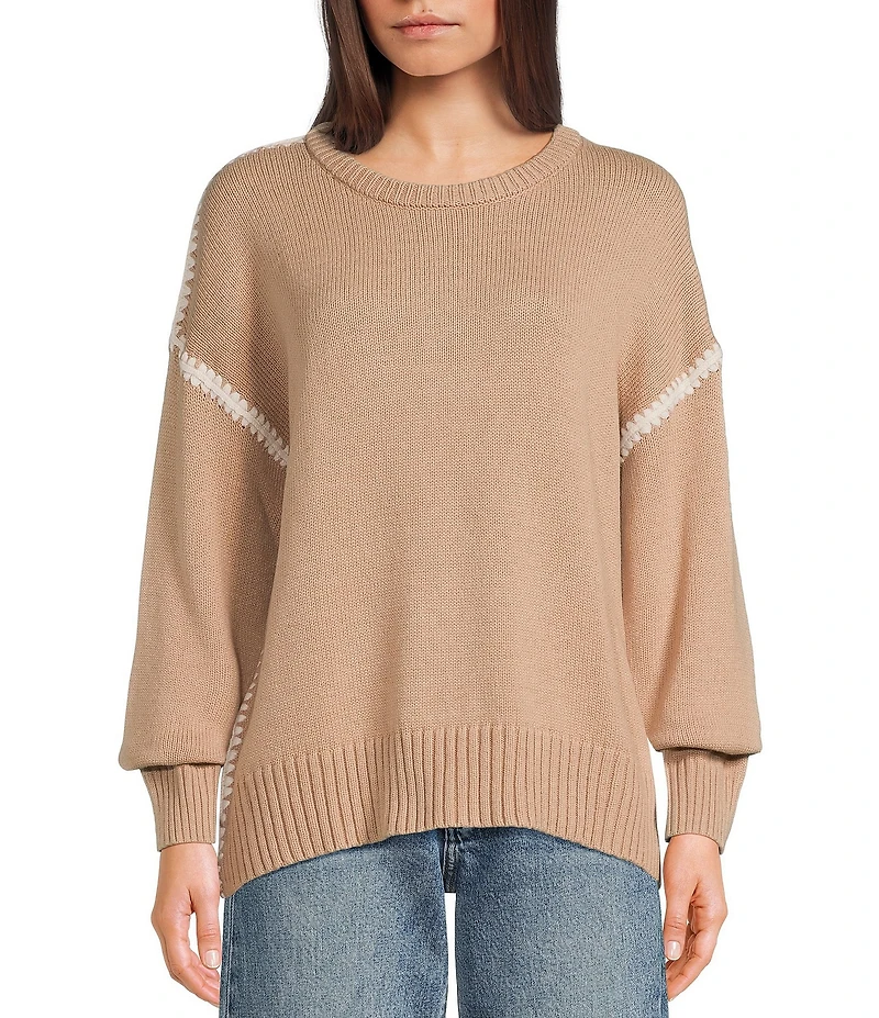 Blu Pepper Contrast Stitch Round Neck Long Sleeve Sweater