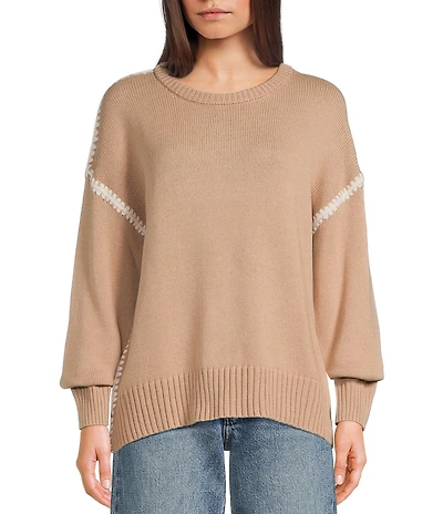 Blu Pepper Contrast Stitch Round Neck Long Sleeve Sweater