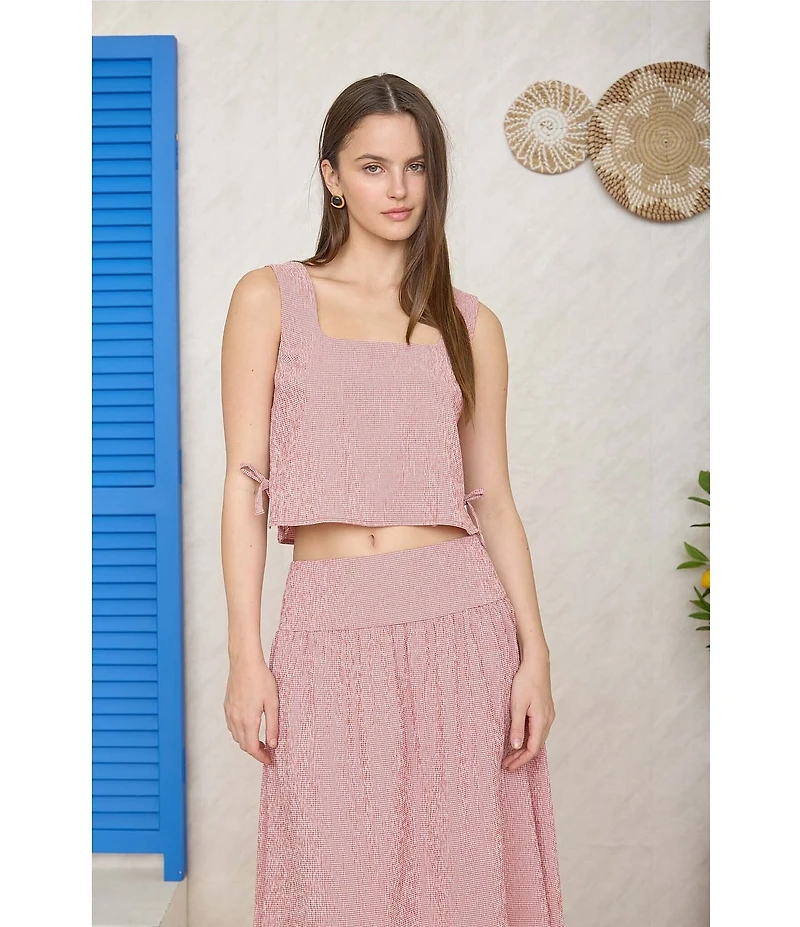 Blu Pepper Coordinating Gingham Square Neck Side Tie Cropped Tank Top