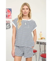 Blu Pepper Coordinating Striped Cap Sleeve Crew Neck Top