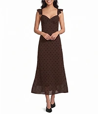 Blu Pepper Flocked Polka Dot Flock Sweetheart Neck Midi Dress