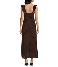 Blu Pepper Flocked Polka Dot Flock Sweetheart Neck Midi Dress