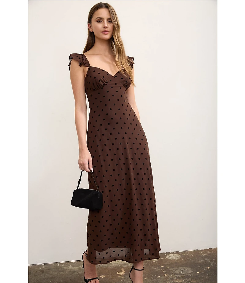 Blu Pepper Flocked Polka Dot Flock Sweetheart Neck Midi Dress