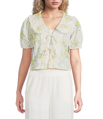 Blu Pepper Floral Embroidered Collared Short Sleeve Cropped Blouse