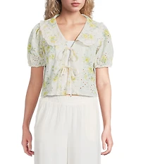 Blu Pepper Floral Embroidered Collared Short Sleeve Cropped Blouse