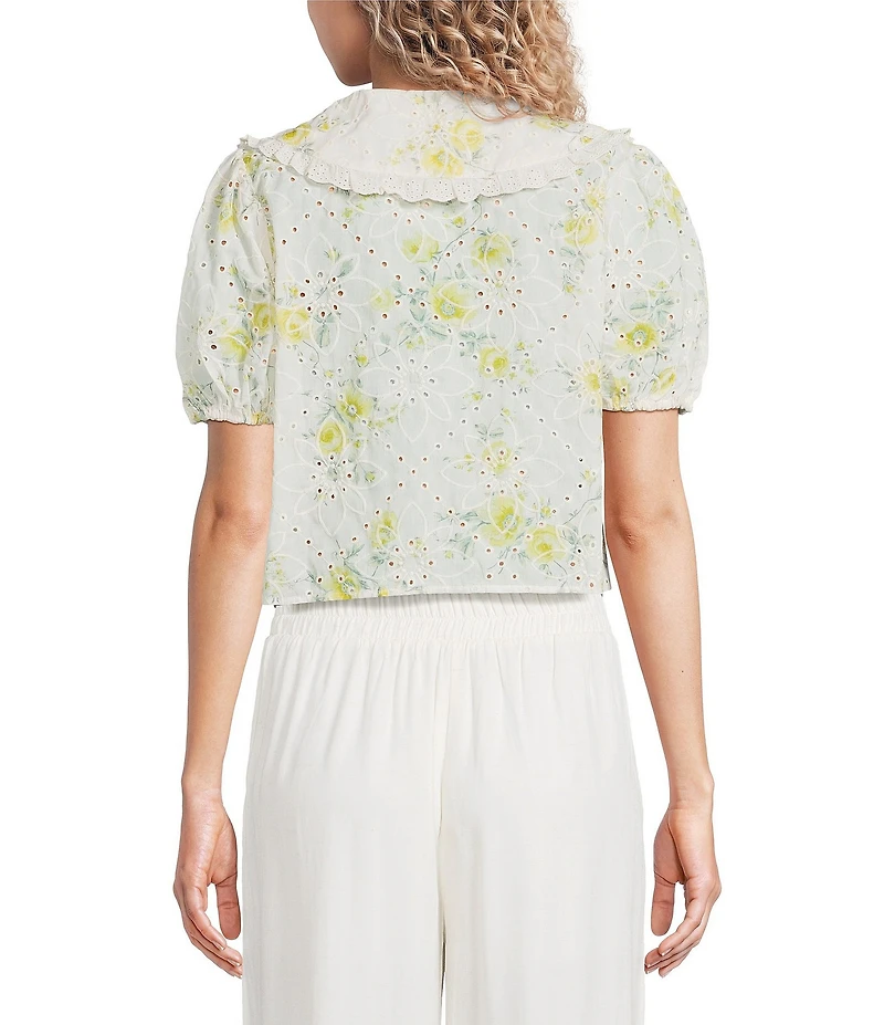 Blu Pepper Floral Embroidered Collared Short Sleeve Cropped Blouse