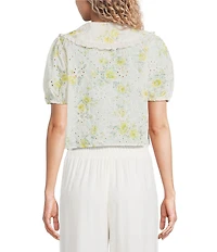 Blu Pepper Floral Embroidered Collared Short Sleeve Cropped Blouse