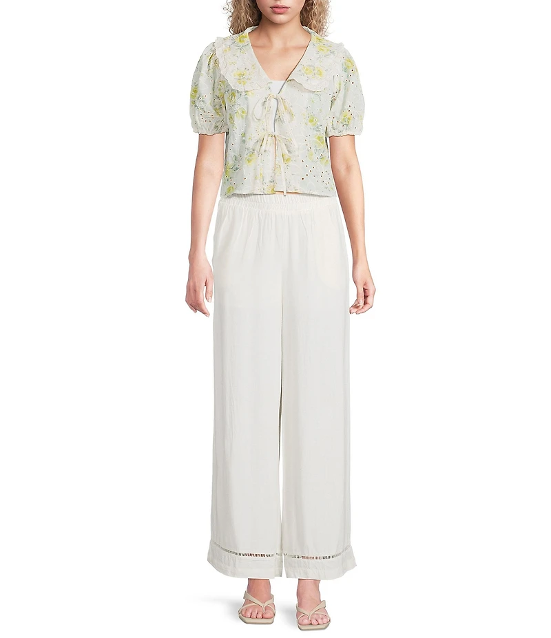 Blu Pepper Floral Embroidered Collared Short Sleeve Cropped Blouse