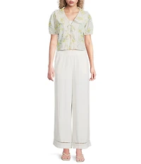 Blu Pepper Floral Embroidered Collared Short Sleeve Cropped Blouse