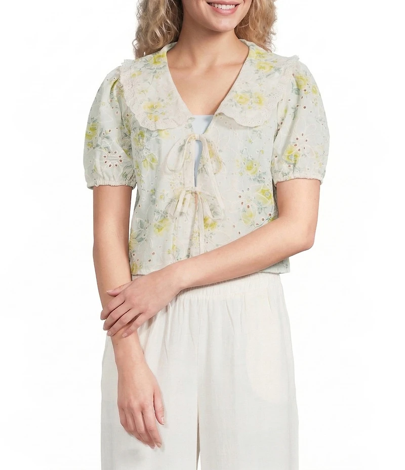 Blu Pepper Floral Embroidered Collared Short Sleeve Cropped Blouse
