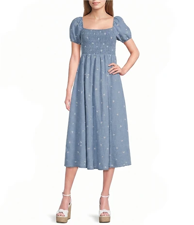 Blu Pepper Floral Embroidered Denim Square Neck Puff Sleeve Smocked Midi Dress