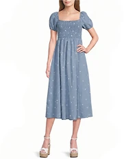 Blu Pepper Floral Embroidered Denim Square Neck Puff Sleeve Smocked Midi Dress