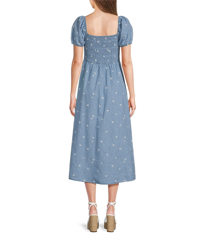 Blu Pepper Floral Embroidered Denim Square Neck Puff Sleeve Smocked Midi Dress