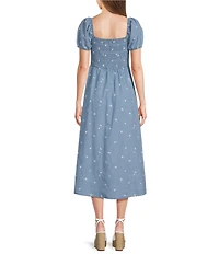 Blu Pepper Floral Embroidered Denim Square Neck Puff Sleeve Smocked Midi Dress