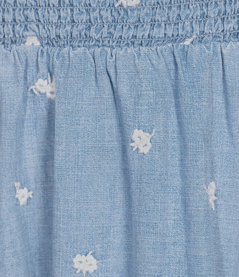 Blu Pepper Floral Embroidered Denim Square Neck Puff Sleeve Smocked Midi Dress