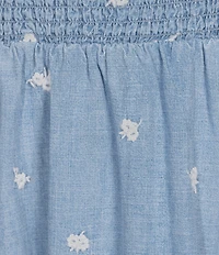 Blu Pepper Floral Embroidered Denim Square Neck Puff Sleeve Smocked Midi Dress