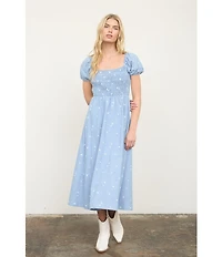Blu Pepper Floral Embroidered Denim Square Neck Puff Sleeve Smocked Midi Dress