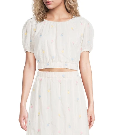 Blu Pepper Floral Embroidered Short Puff Sleeve Coordinating Cropped Top