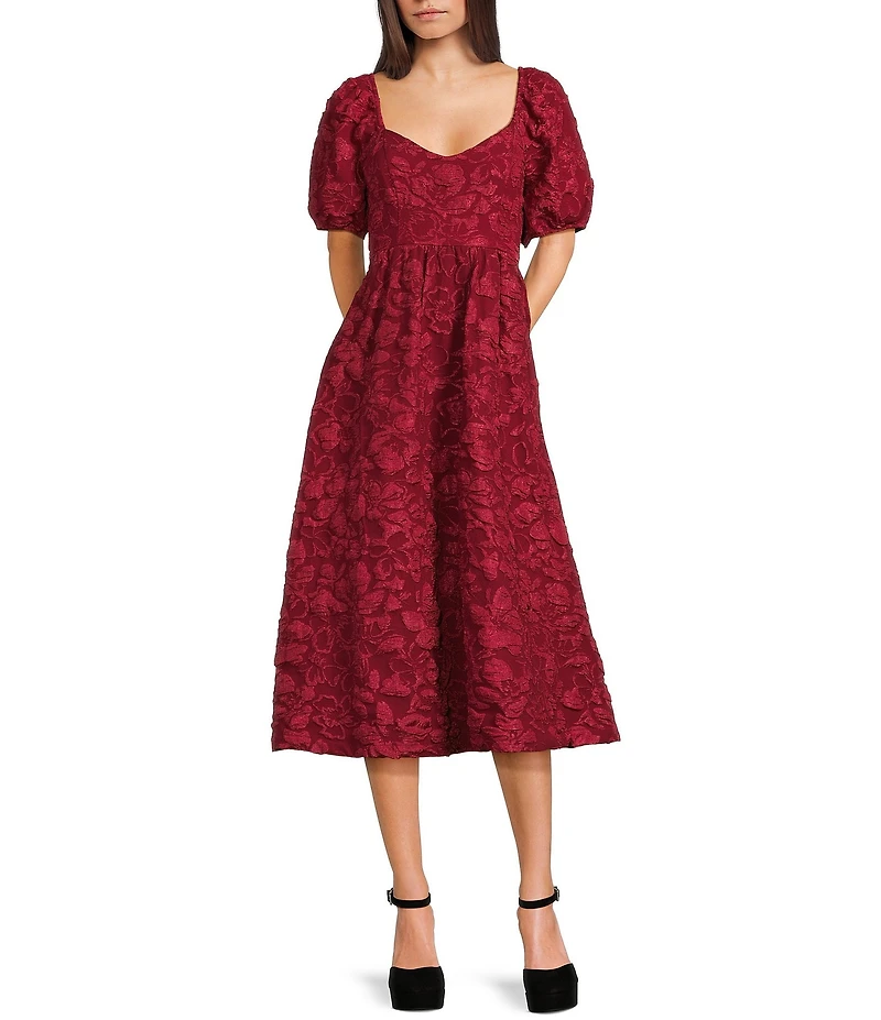 Blu Pepper Floral Jacquard Puff Sleeve Midi Dress