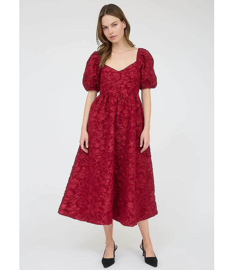 Blu Pepper Floral Jacquard Puff Sleeve Midi Dress