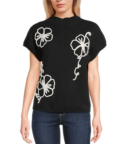 Blu Pepper Floral Knit Mock Neck Short Sleeve Sweater