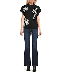 Blu Pepper Floral Knit Mock Neck Short Sleeve Sweater