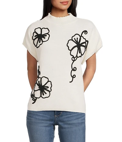 Blu Pepper Floral Knit Mock Neck Short Sleeve Sweater