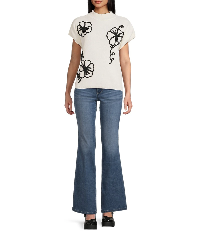 Blu Pepper Floral Knit Mock Neck Short Sleeve Sweater