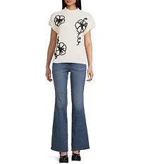 Blu Pepper Floral Knit Mock Neck Short Sleeve Sweater
