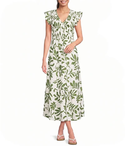 Blu Pepper Floral Leaf Printed V-Neck Smocked Midi Dress