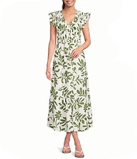 Blu Pepper Floral Leaf Printed V-Neck Smocked Midi Dress