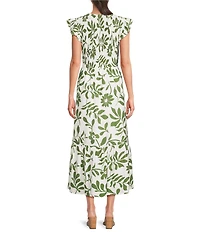 Blu Pepper Floral Leaf Printed V-Neck Smocked Midi Dress