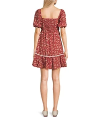 Blu Pepper Floral Print Contrast Trim Puff Sleeve Tiered Mini Dress