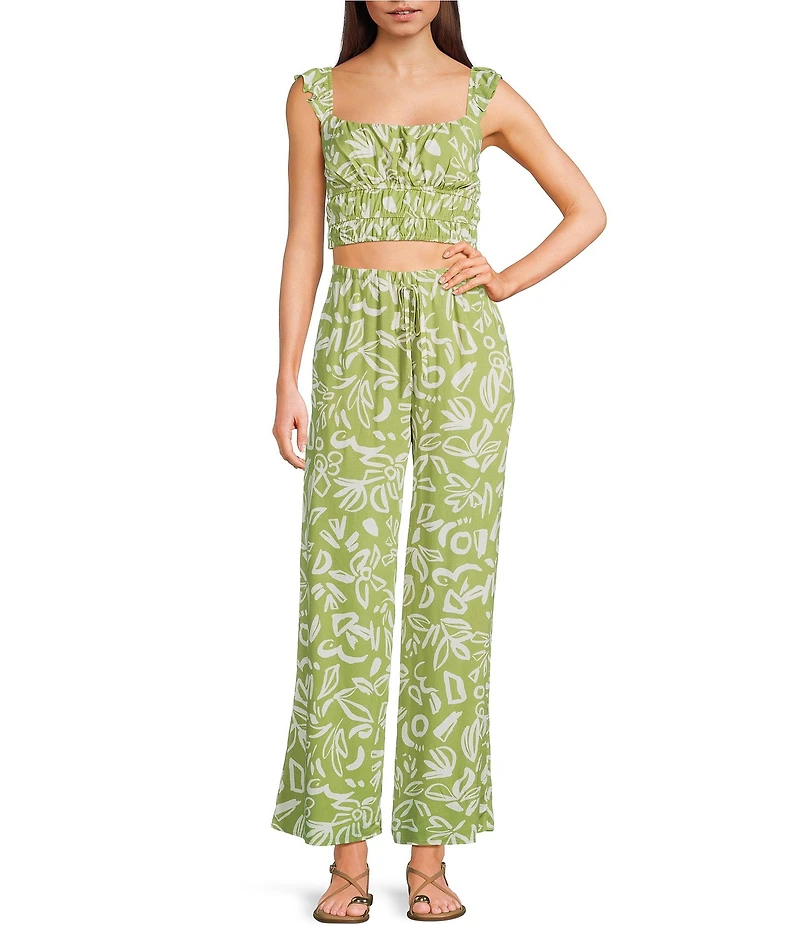 Blu Pepper Floral Print Square Neck Shirred Cropped Coordinating Tank Top