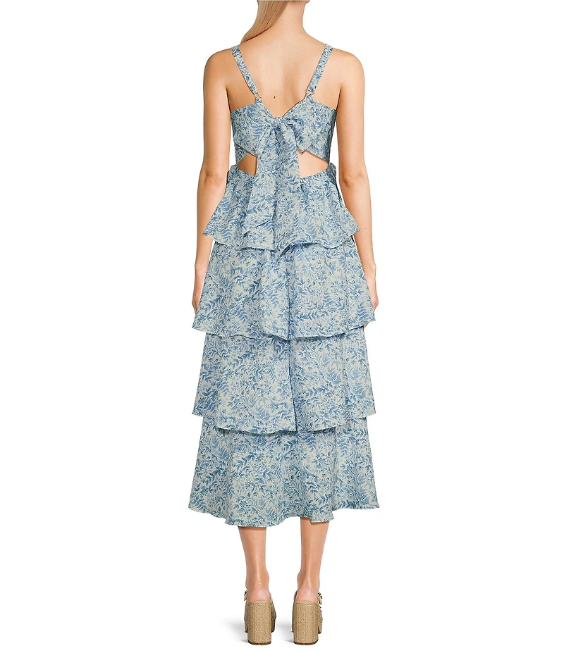 Blu Pepper Floral Print Square Neck Tie Back Layered Midi Dress
