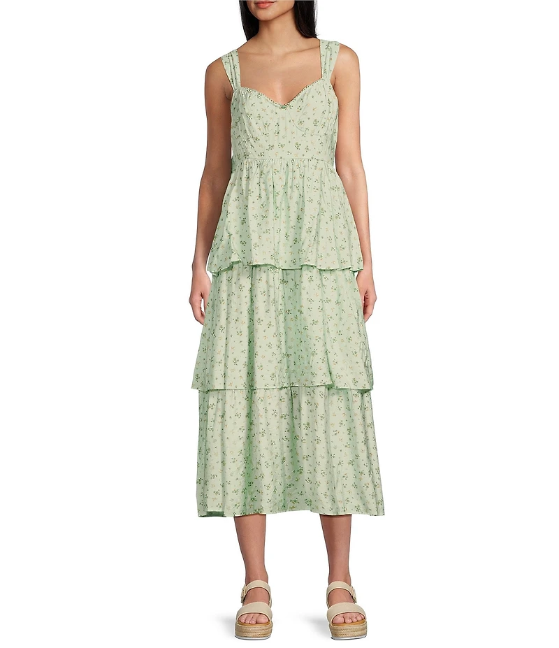 Blu Pepper Floral Print Sweetheart Neck Tiered Tie Bow Back Midi Dress