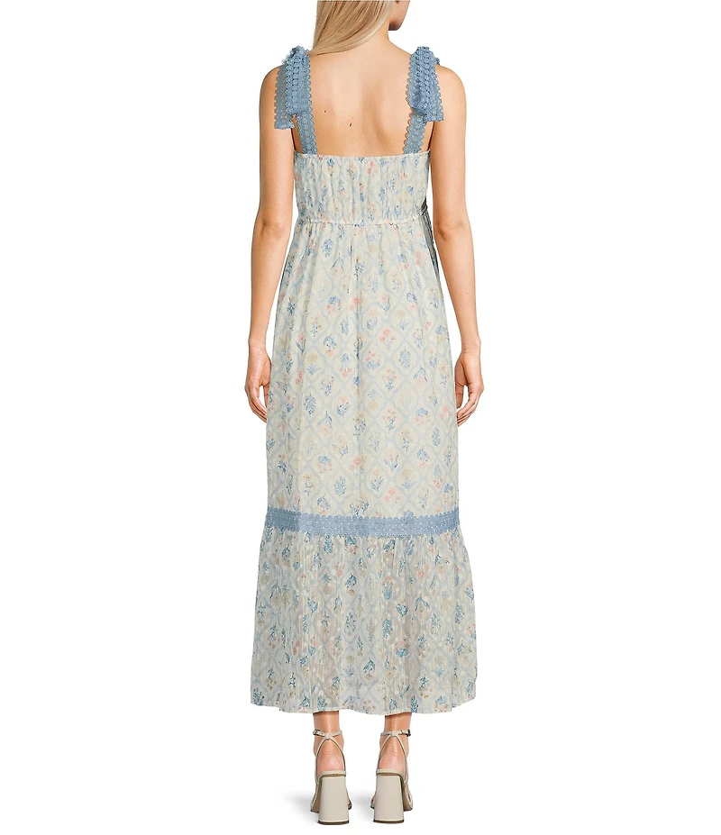 Blu Pepper Floral/Diamond Print Tie Shoulder Square Neck Midi Dress