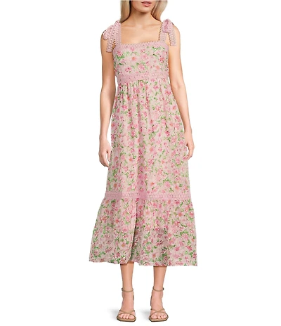 Blu Pepper Floral Print Tie Shoulder Square Neck Midi Dress
