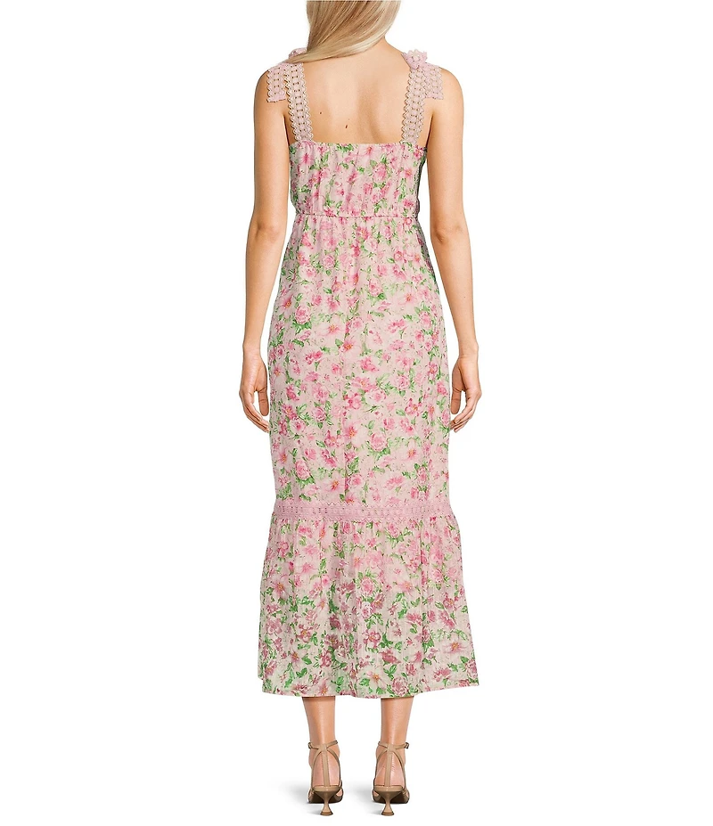 Blu Pepper Floral Print Tie Shoulder Square Neck Midi Dress