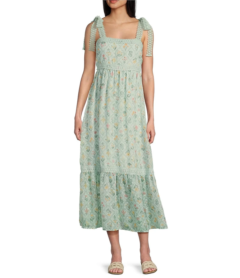Blu Pepper Floral/Diamond Print Tie Shoulder Square Neck Midi Dress