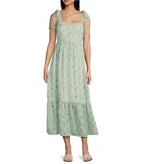 Blu Pepper Floral/Diamond Print Tie Shoulder Square Neck Midi Dress