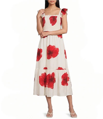 Blu Pepper Floral Printed Flutter Sleeve Smocked Tiered Midi Dress