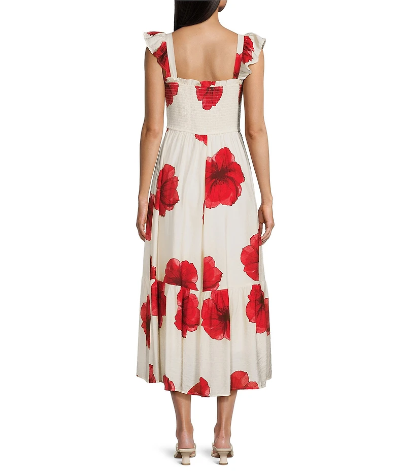 Blu Pepper Floral Printed Flutter Sleeve Smocked Tiered Midi Dress