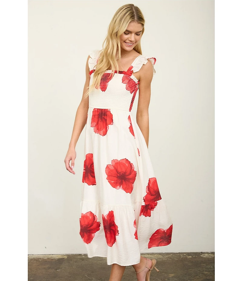 Blu Pepper Floral Printed Flutter Sleeve Smocked Tiered Midi Dress