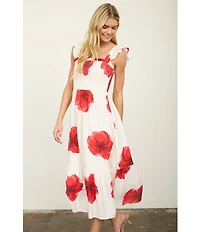 Blu Pepper Floral Printed Flutter Sleeve Smocked Tiered Midi Dress