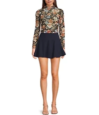 Blu Pepper Floral Printed Mesh Mock Neck Long Sleeve Top