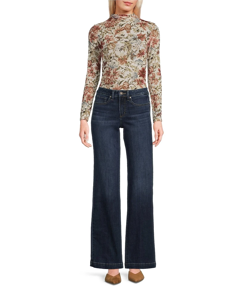 Blu Pepper Floral Printed Mesh Mock Neck Long Sleeve Top