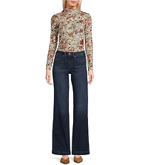 Blu Pepper Floral Printed Mesh Mock Neck Long Sleeve Top