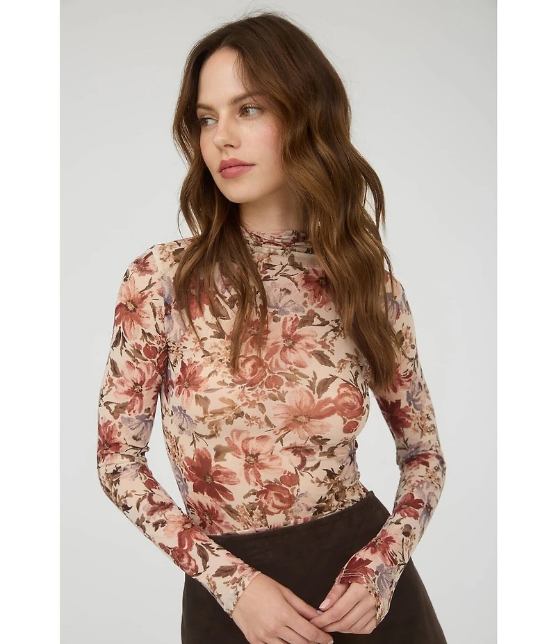 Blu Pepper Floral Printed Mesh Mock Neck Long Sleeve Top
